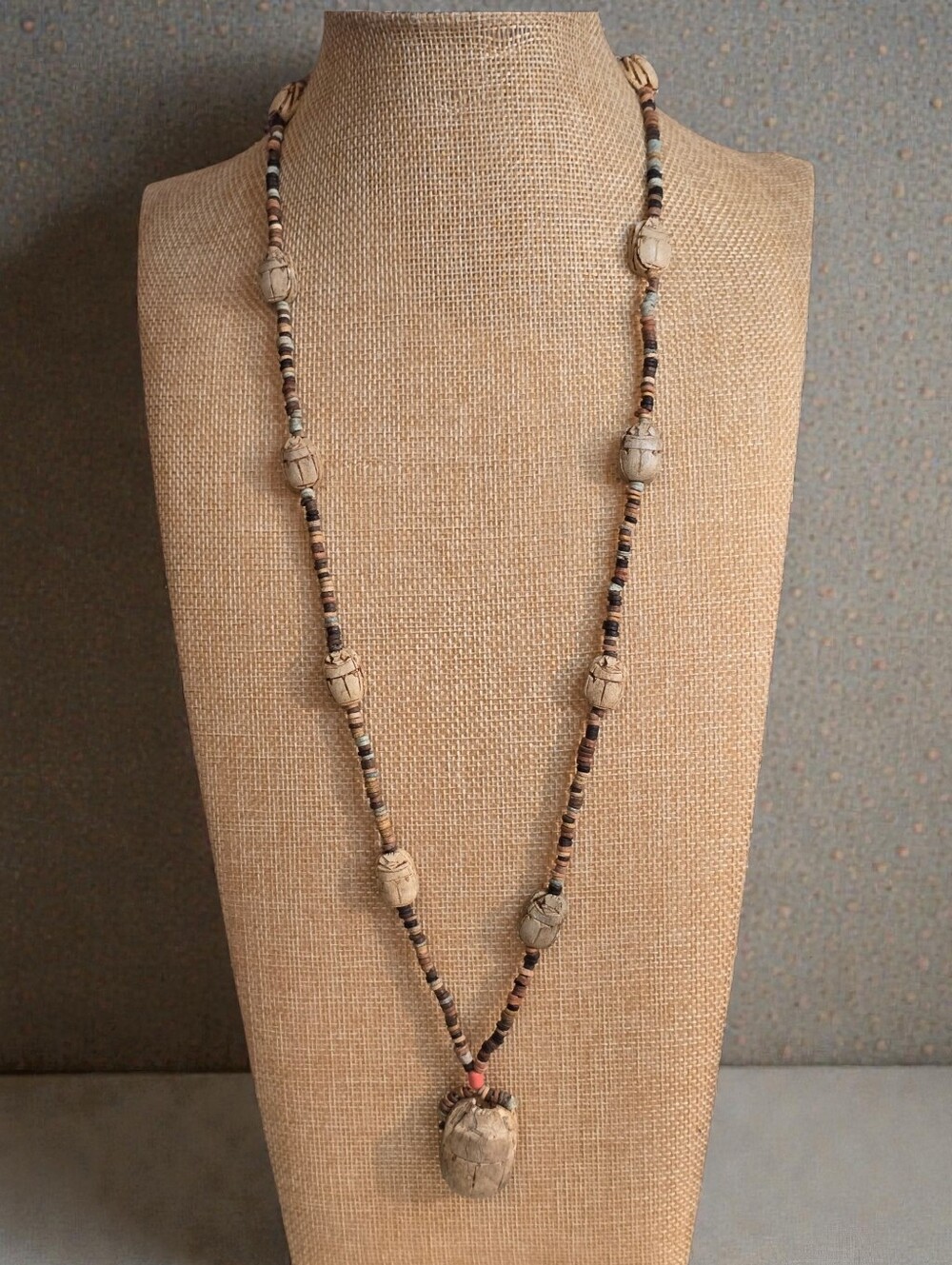 Vintage Egyptian Carved Steatite Stone Scarab Beetle Necklace